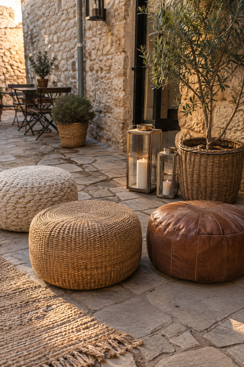 Poufs neben Körben und Kerzen auf Steinboden