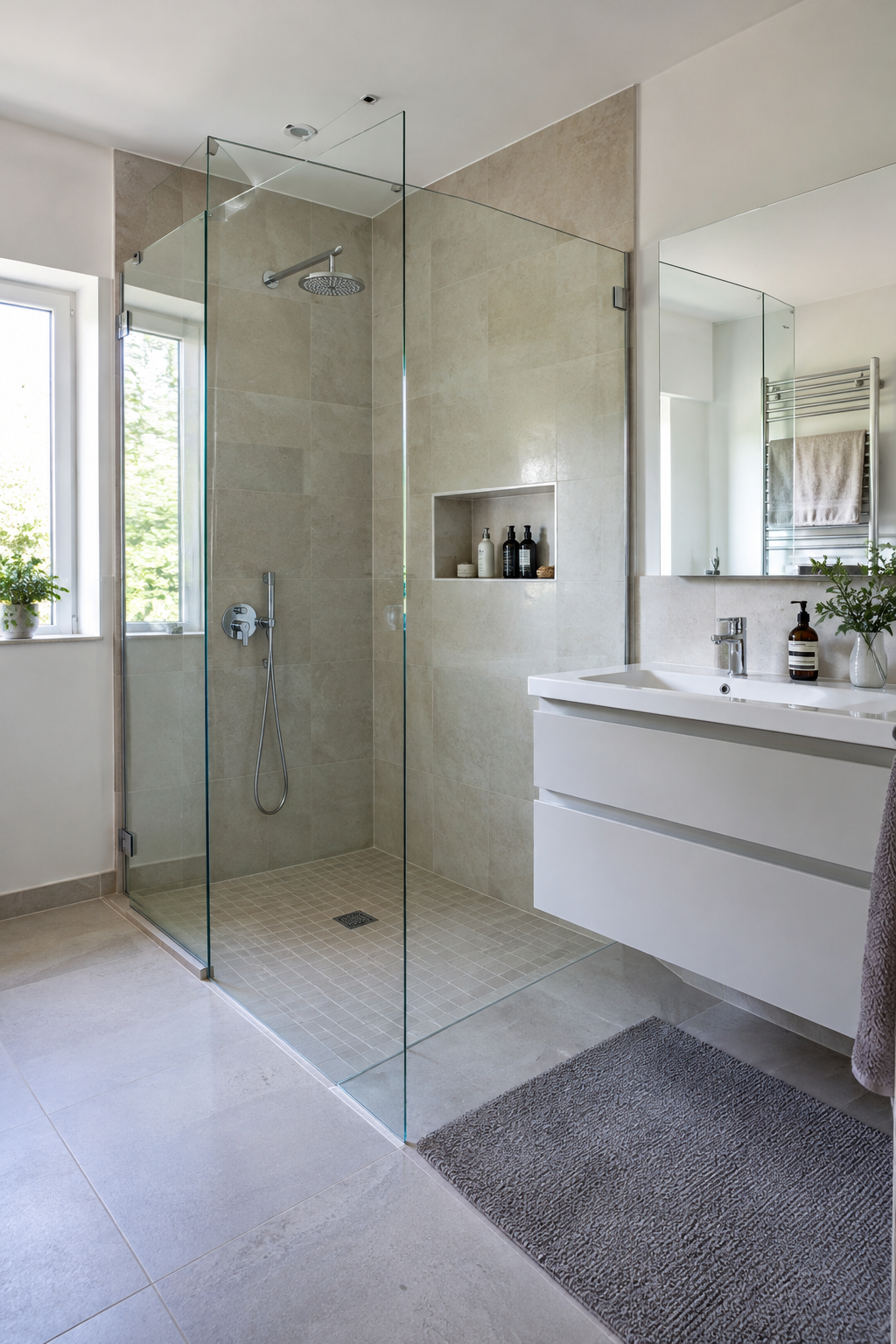 Rahmenlose Glasdusche im hellen Bad