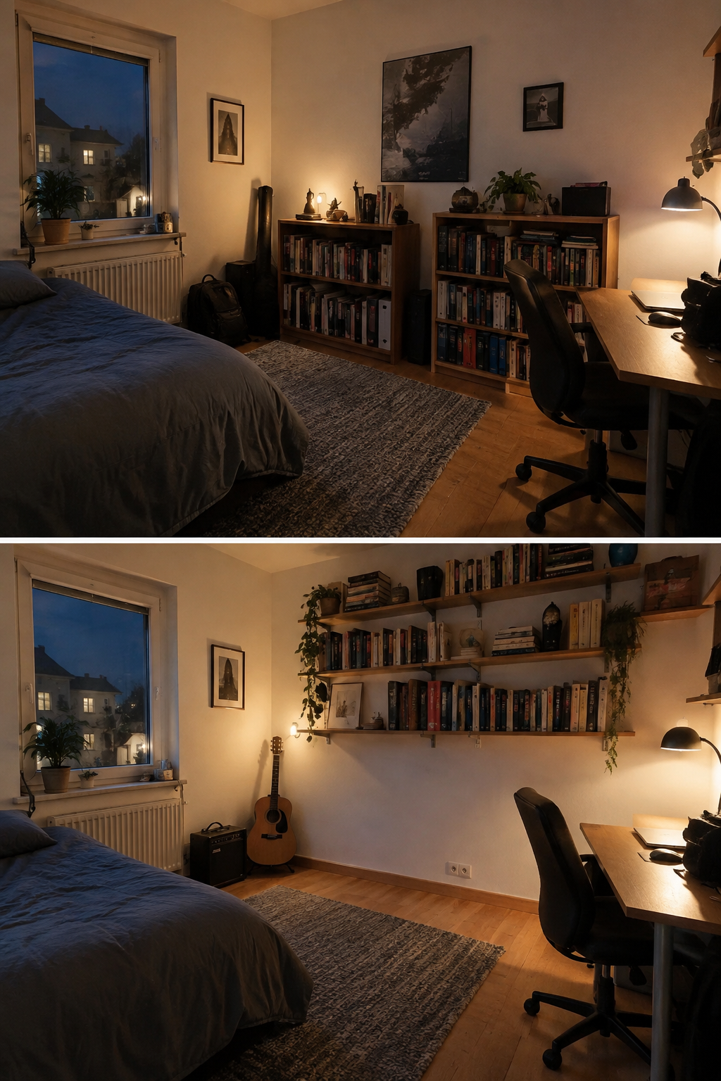 kleines männerzimmer mit wandregalen statt bodenregalen