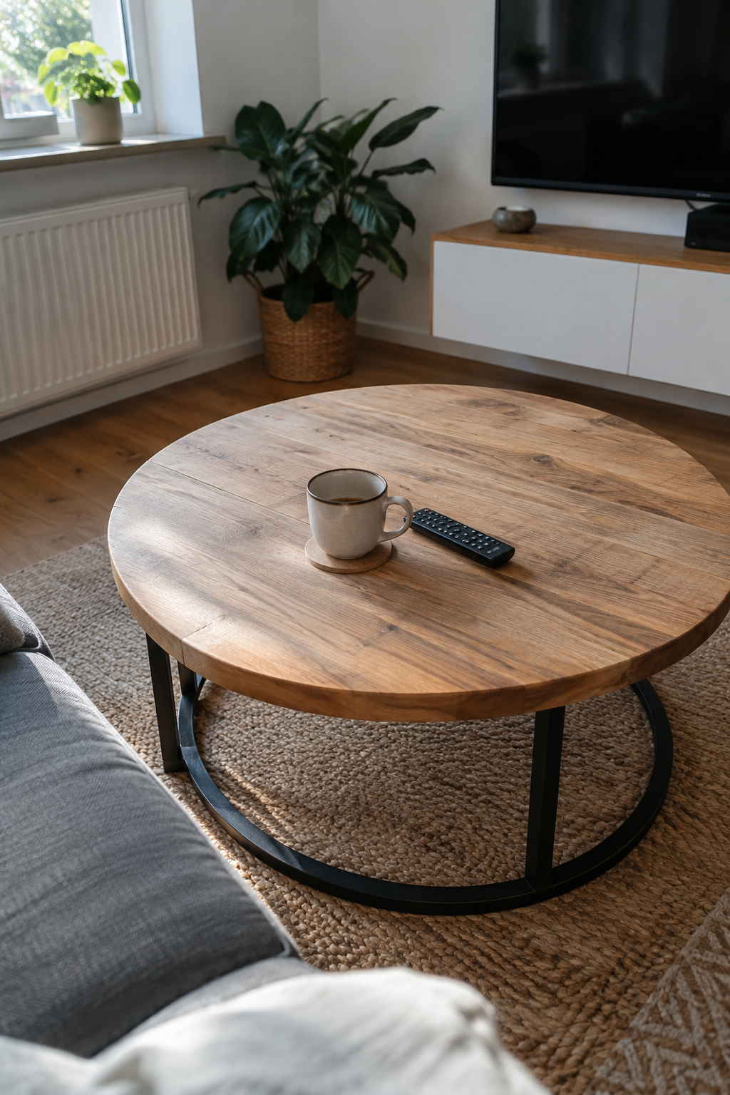 Runder Couchtisch vor wandmontiertem Fernseher