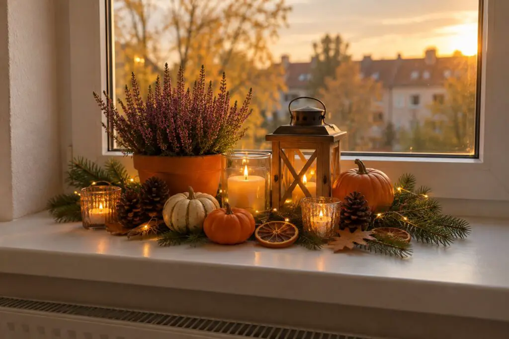 Fensterbank mit Erika im Tontopf, Holzlaterne, kleinen Kürbissen, Zapfen, Tannenzweigen, getrockneten Orangenscheiben und Kerzen im Glas im Abendlicht