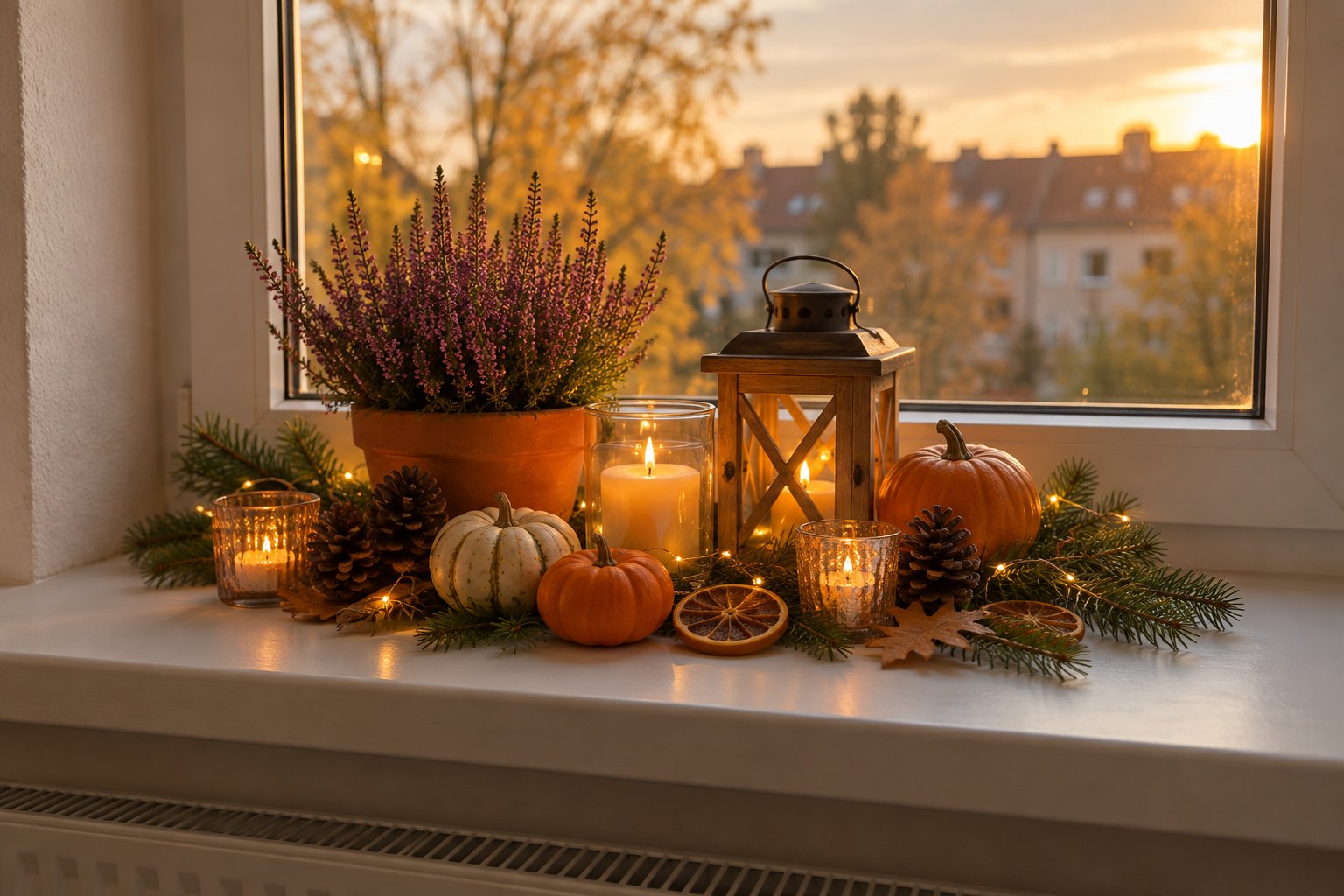Fensterbank mit Erika im Tontopf, Holzlaterne, kleinen Kürbissen, Zapfen, Tannenzweigen, getrockneten Orangenscheiben und Kerzen im Glas im Abendlicht