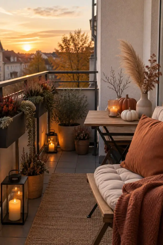 KI-Beispielbild: kleiner Balkon mit moderner Herbstdeko aus Keramik-Kürbissen, Pampasgras und schlichten Windlichtern, im warmen Nachmittagslicht
