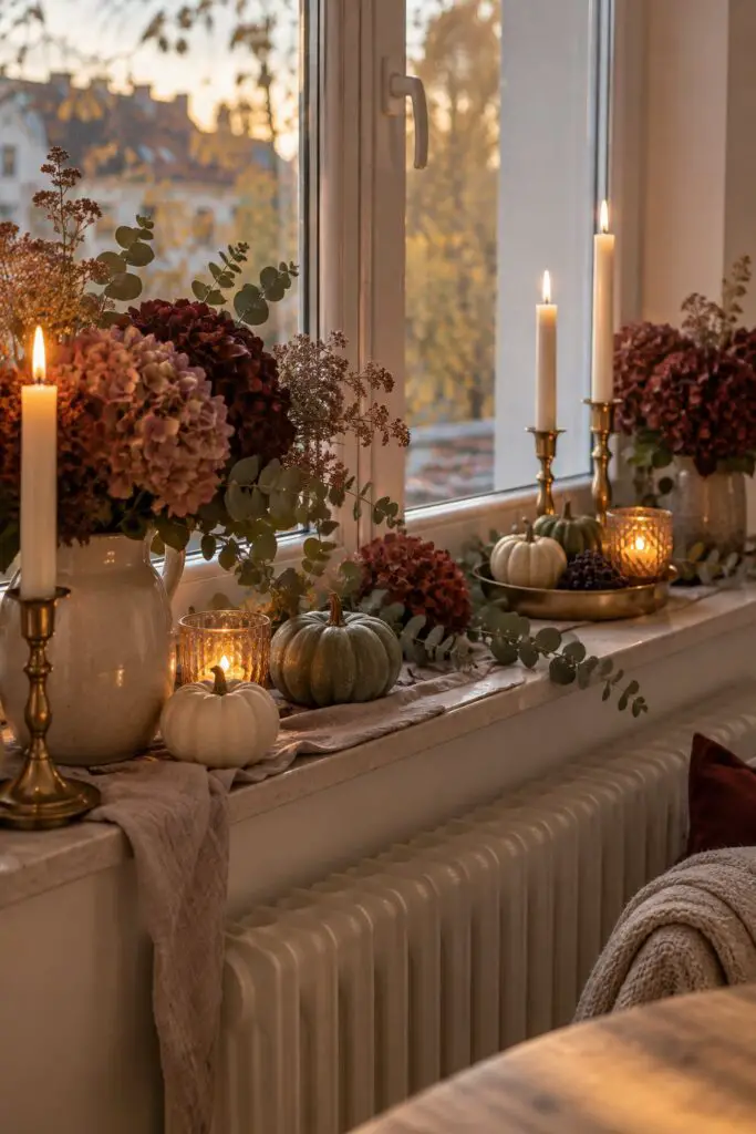 KI-Beispielbild: Fensterbank mit eleganter Herbstdeko aus getrockneten Hortensien, Samtkürbissen und Stabkerzen in Messinghaltern, im warmen Nachmittagslicht