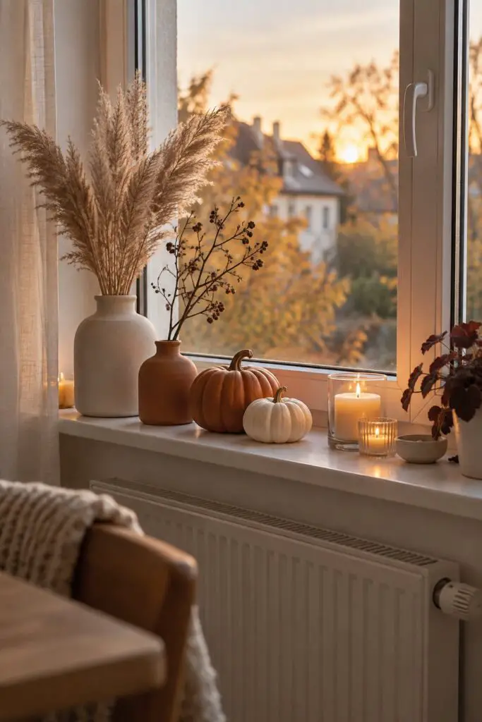 KI-Beispielbild: Fensterbank mit moderner Herbstdeko aus Keramik-Kürbissen, Pampasgras und schlichten Windlichtern, im warmen Nachmittagslicht