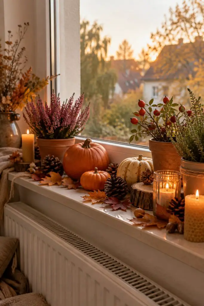 KI-Beispielbild: Fensterbank mit natürlicher Herbstdeko aus Kürbissen, Zapfen, Laub und Erika, im warmen Nachmittagslicht