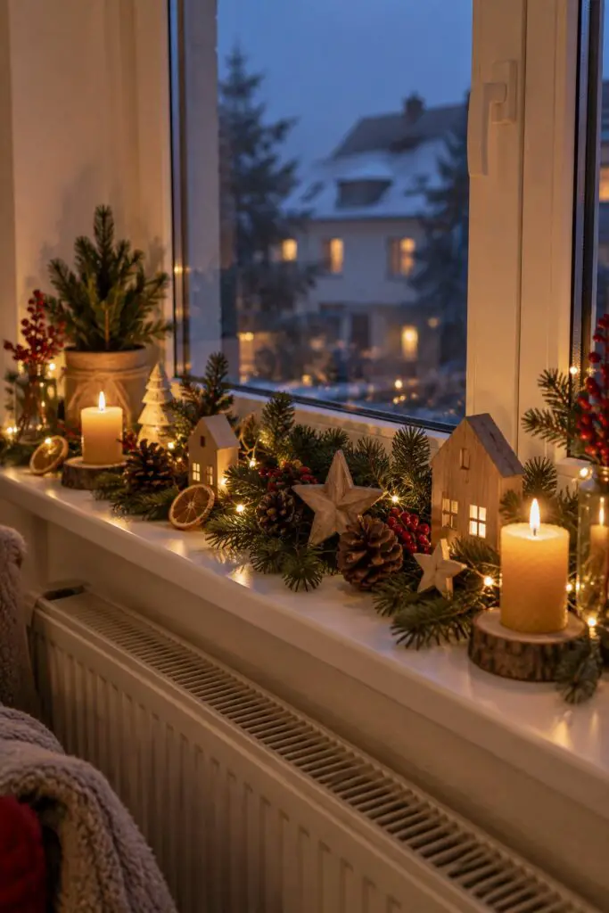 KI-Beispielbild: Fensterbank mit natürlicher Weihnachtsdeko aus Tannengrün, Zapfen, Holzsternen und Lichterkette, abends mit Kerzenlicht