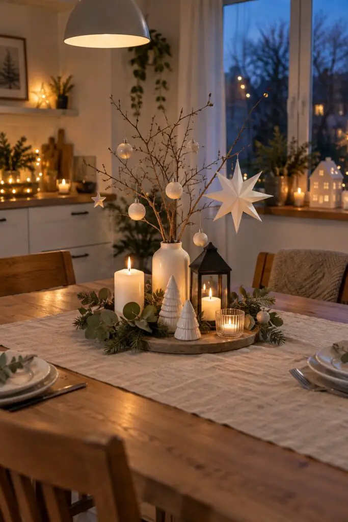 KI-Beispielbild: Esstisch mit moderner Weihnachtsdeko aus Papierstern, Zweigen, weißen Kugeln und schwarzer Laterne, abends mit Kerzenlicht
