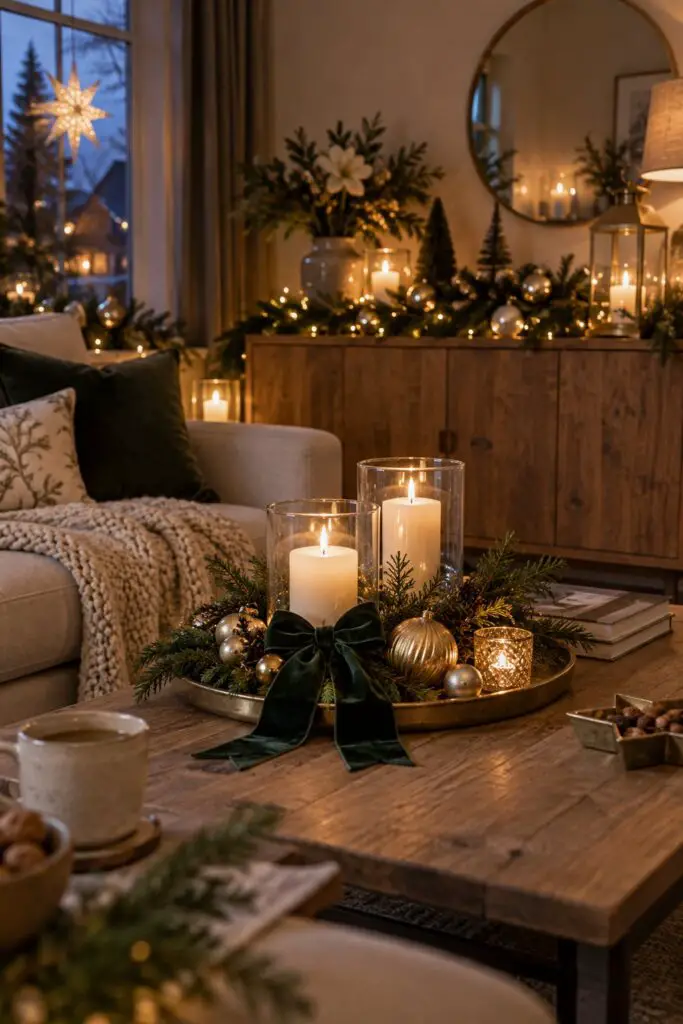 KI-Beispielbild: Couchtisch und Sideboard im Wohnzimmer mit eleganter Weihnachtsdeko aus Tannengirlande, goldenen Kugeln, Samtband und Kerzen im Glas, abends mit Kerzenlicht