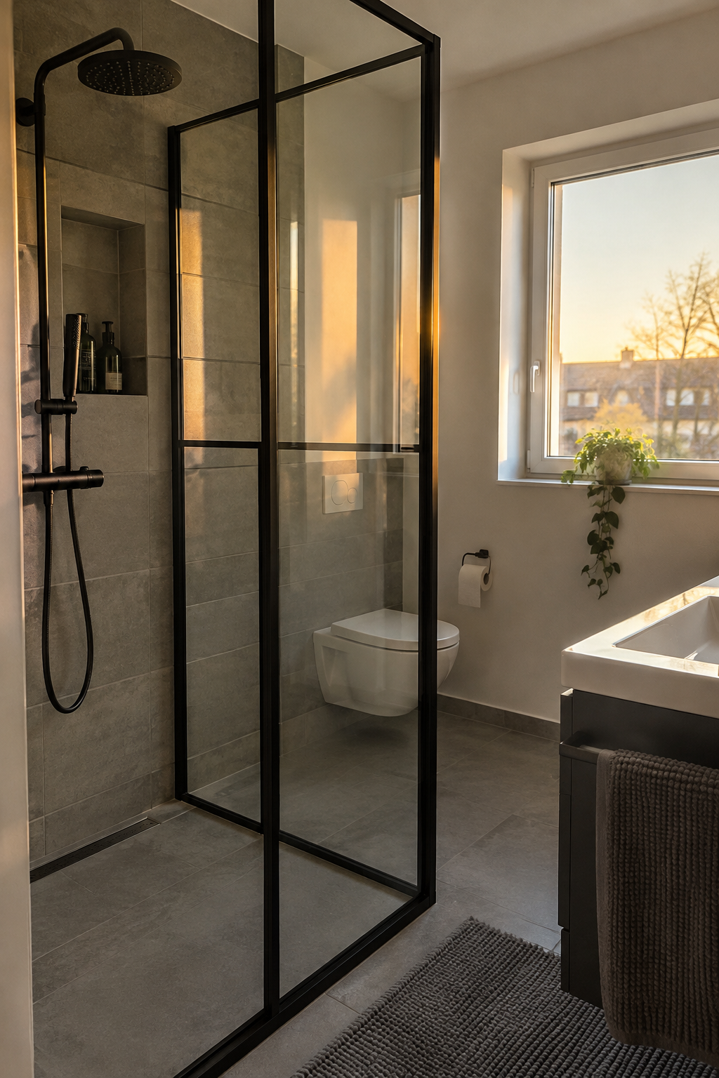 moderne dusche mit schwarzen metallprofilen