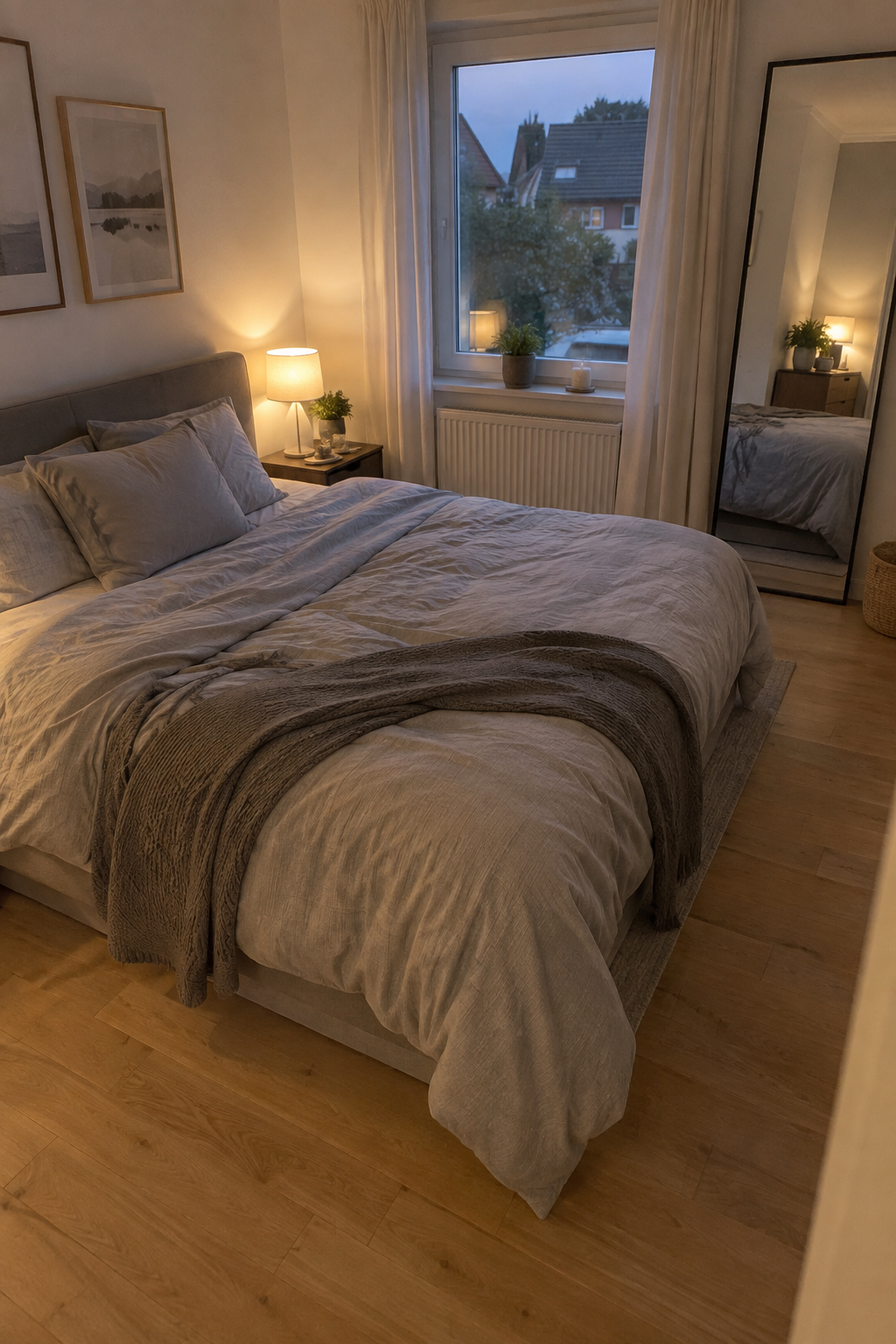 Großer Wandspiegel gegenüber großem Bett, reflektiert Raum