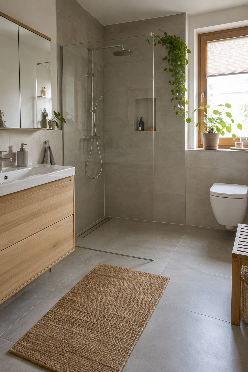 Helles skandinavisches Badezimmer mit offener Dusche