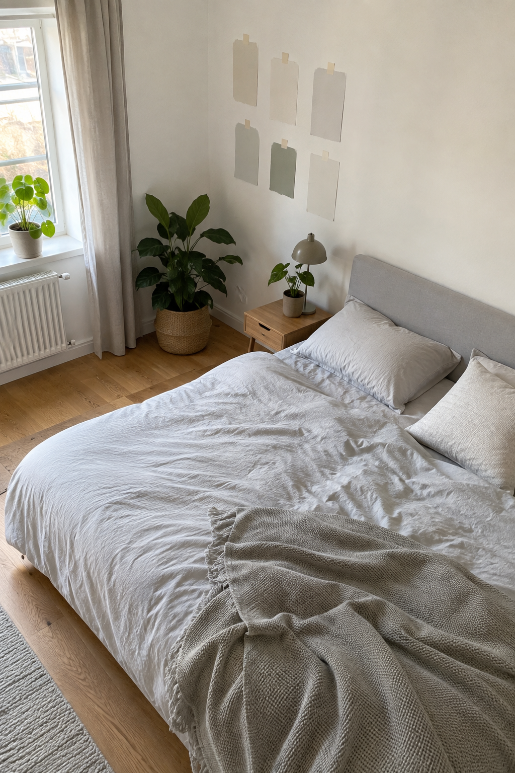 Helles Schlafzimmer mit großem Bett und Farbmuster