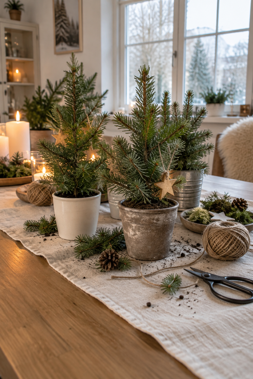 Nahaufnahme Mini-Tannen auf Holztisch