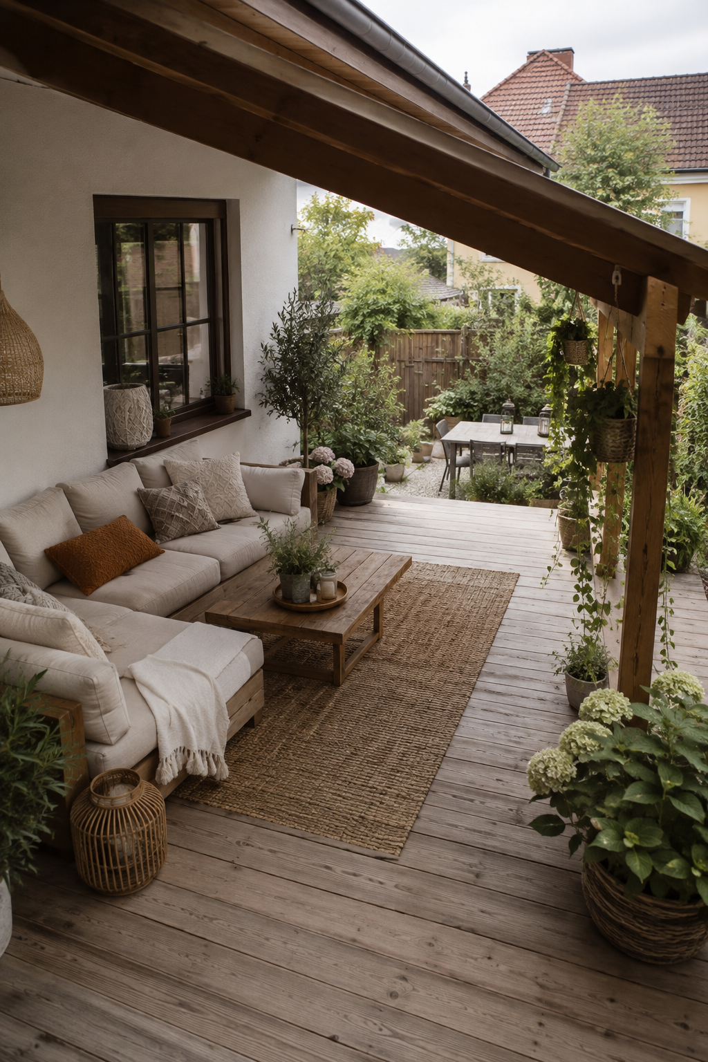 Überdachte Terrasse mit Holzdeck und Lounge