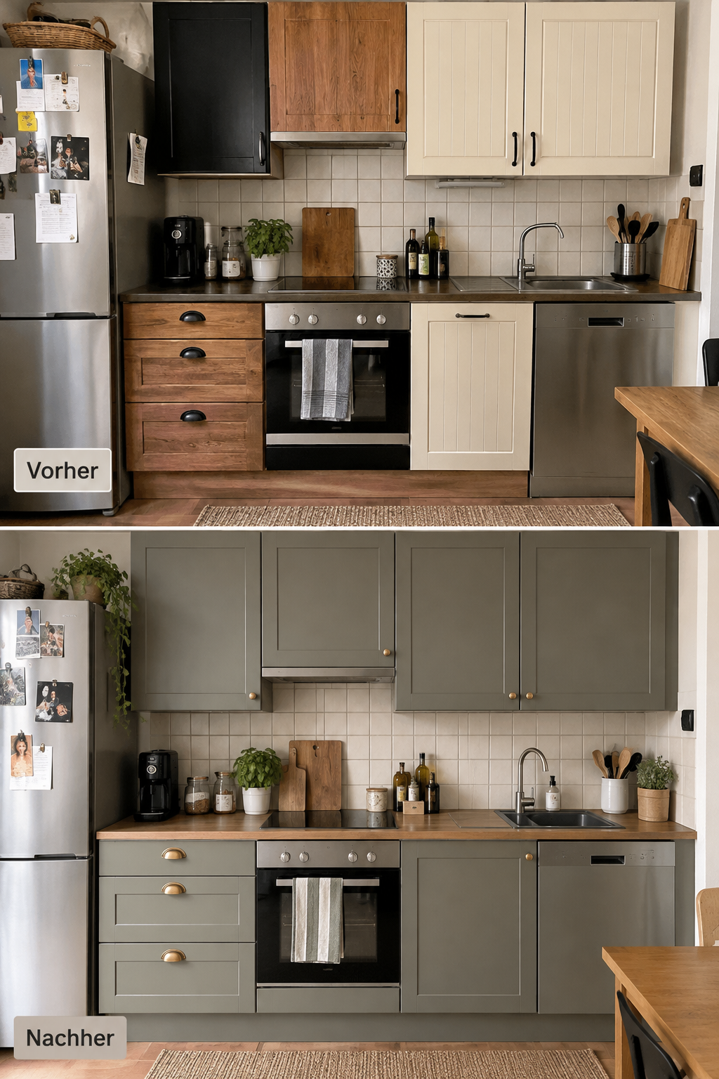 Vorher-Nachher kleine Küche mit abgestimmtem Materialmix