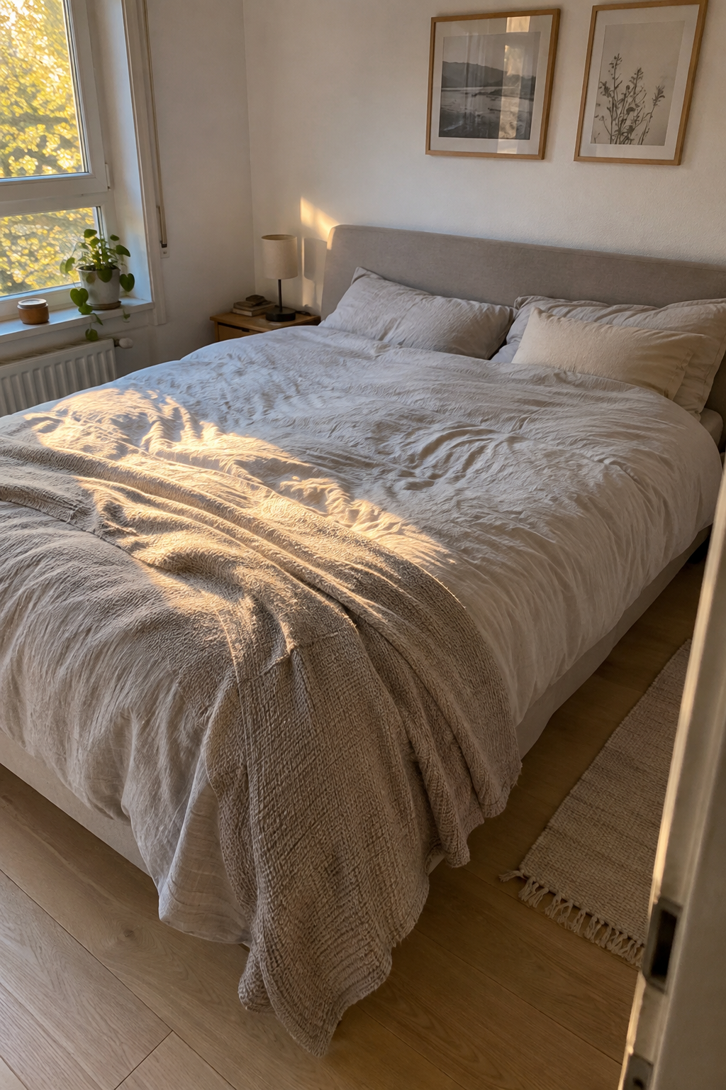Großes Bett an Wand im kleinen Schlafzimmer