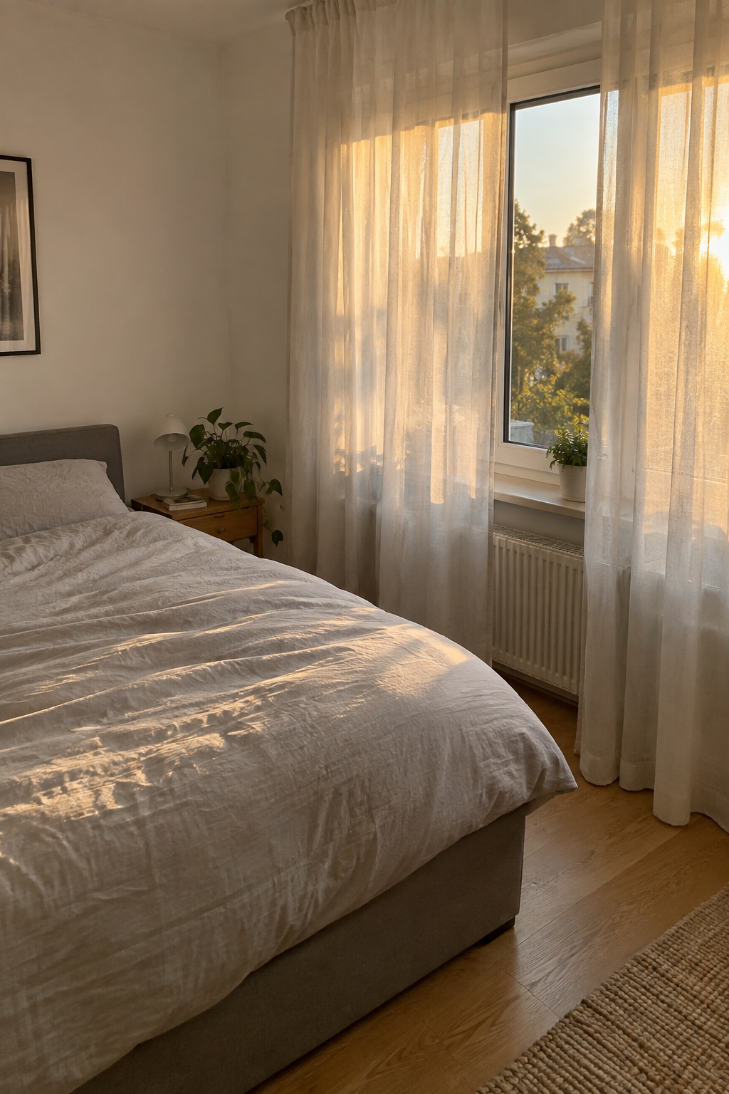 Leichte Vorhänge vor Fenster im kleinen Schlafzimmer