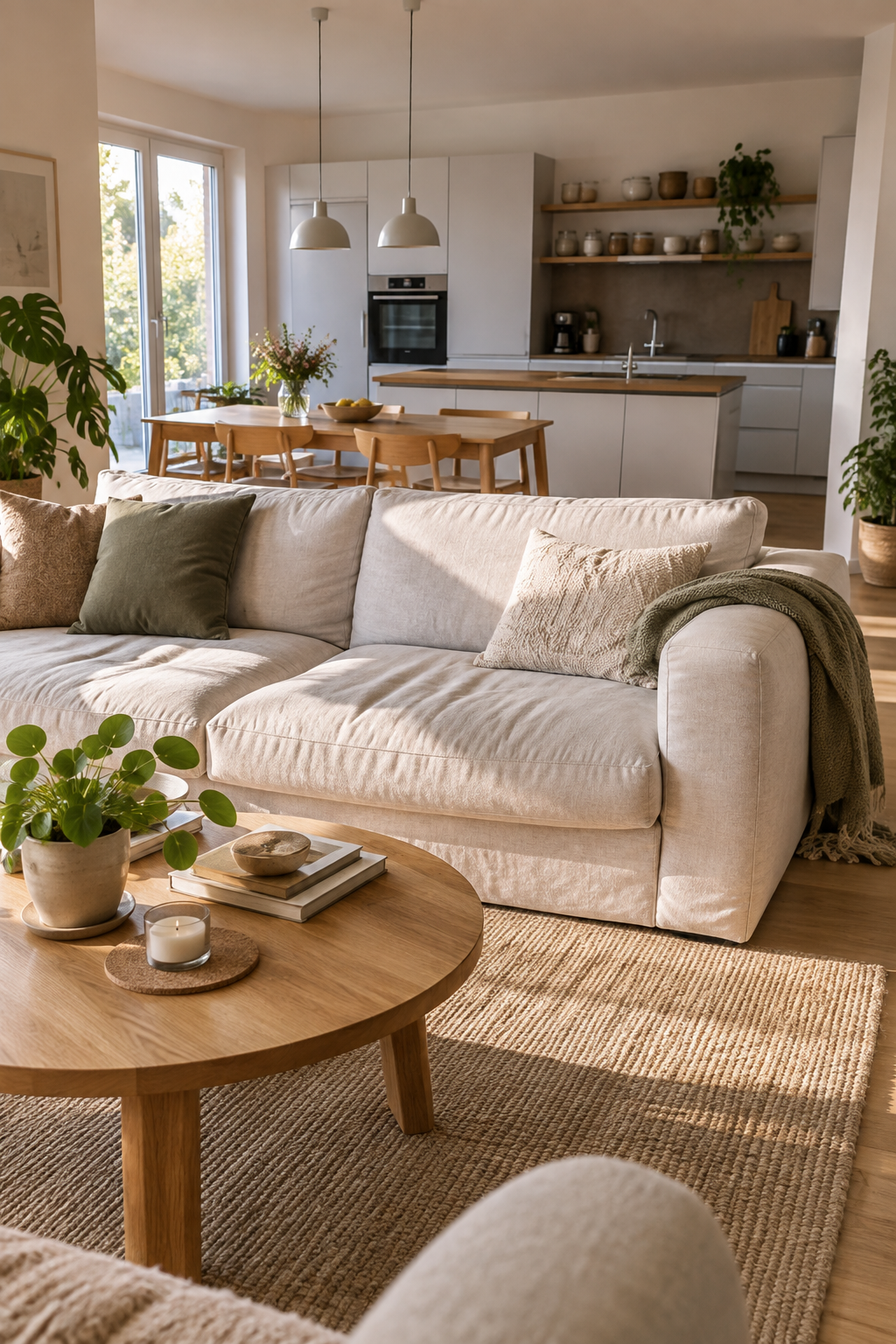 Offener Raum mit leinensofa und holztisch