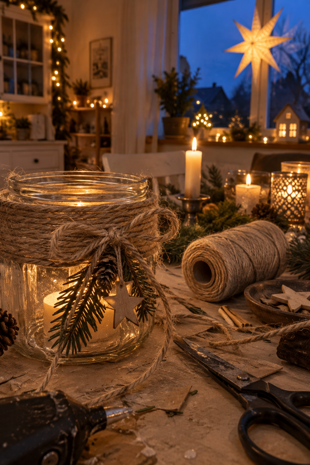 Windlicht mit Juteband und Schleife